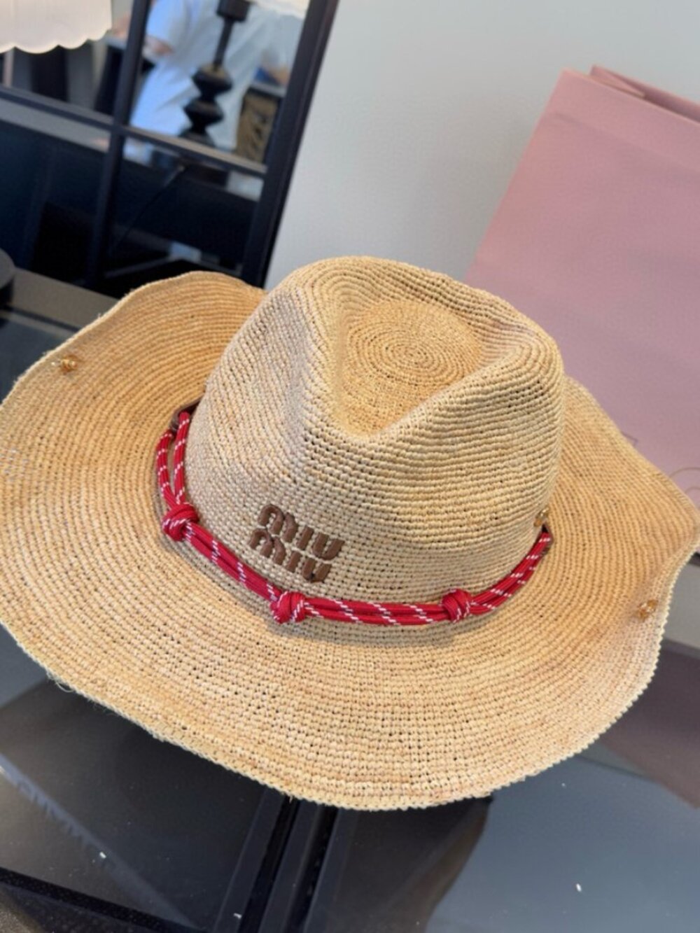 Miu Miu Straw Cowboy Hat With Logo & Red Rope Band